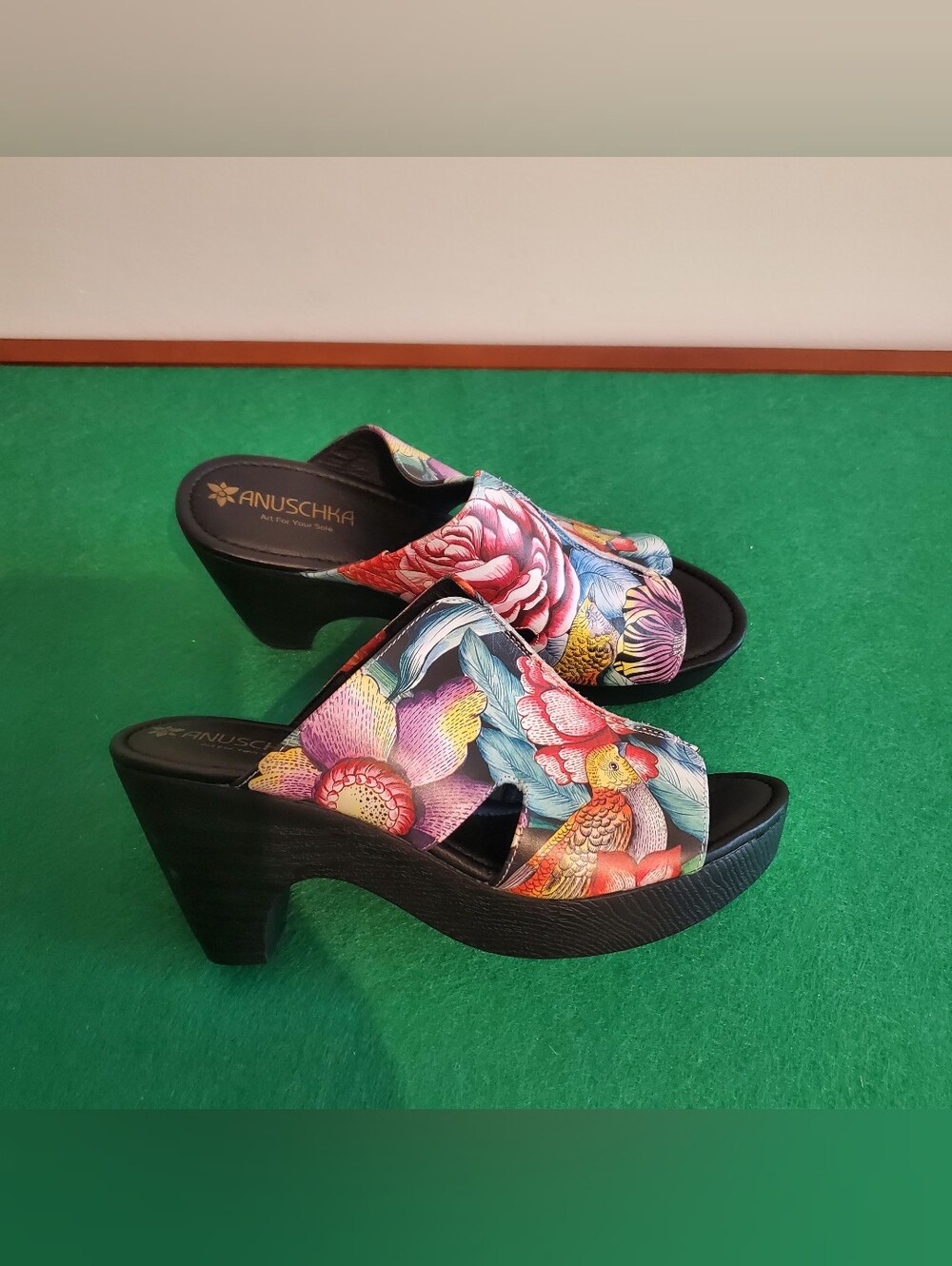 Anuschka Anaya Hand Painted Leather Bird Floral Platform Slide Sandal Mules 8
